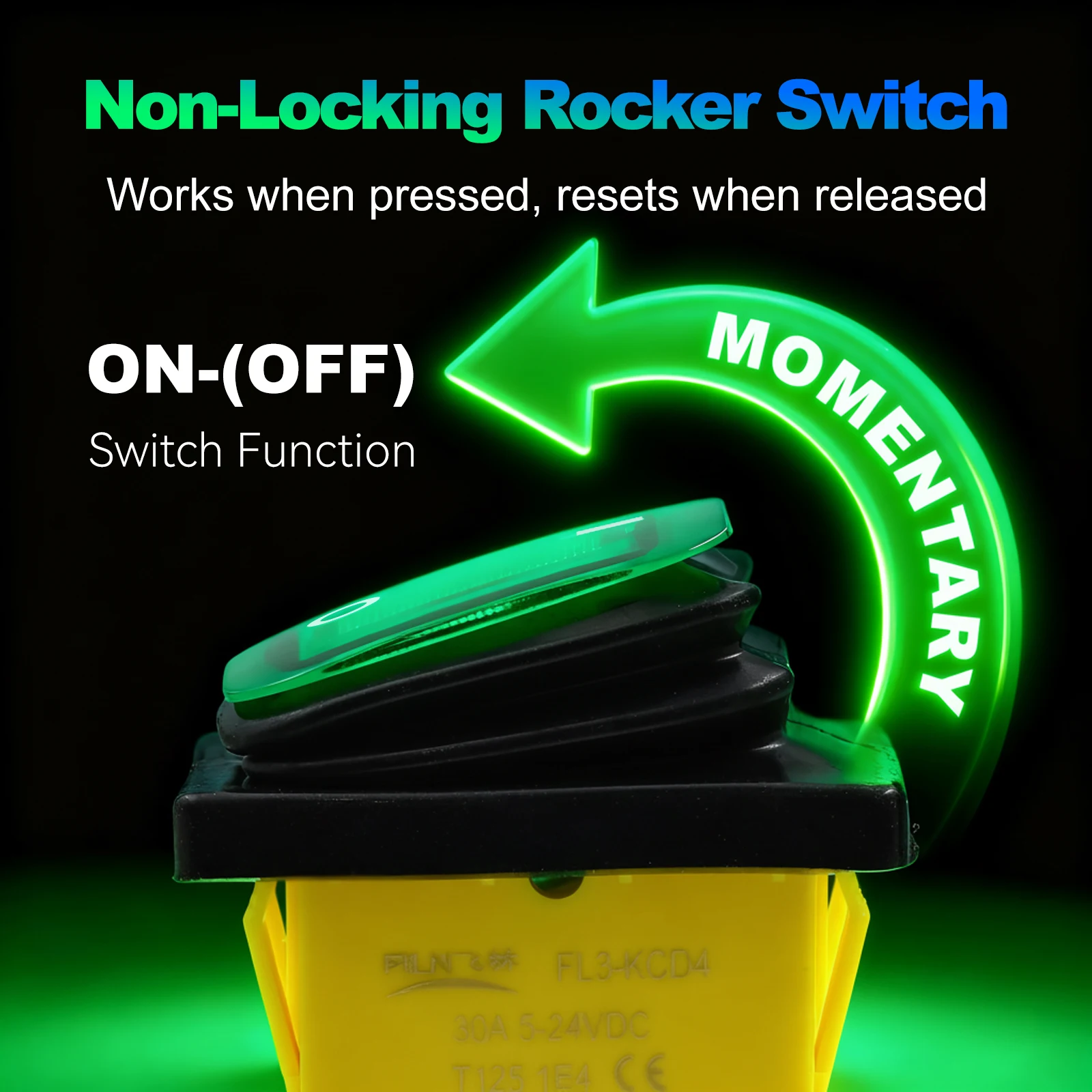 FILN KCD4 4Pin Momentary Rocker Switch 12V 24V 220V LED Lighted Auto Reset Switch ON-(OFF) for Car Boat Marine Machine Panel