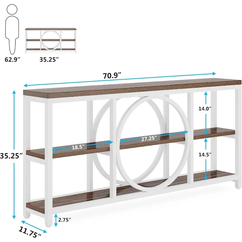 70.9 inch Sofa Console Table, Extra Long Narrow Entryway Tables with 3 Tier Wood Storage Shelves Industrial Metal Frame