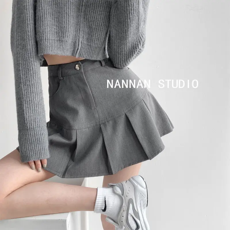 Korea Vintage High Waist Pleated Skirt Women College Style Uniforms Safety Pants Mini Skirts Woman Street Slim A-Line Skirt