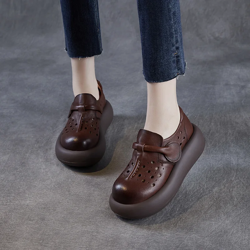 2025 Summer Hollowed Out Height Increasing Thick Soled Perforated Women's Shoes, Genuine Leather Women's Sandals