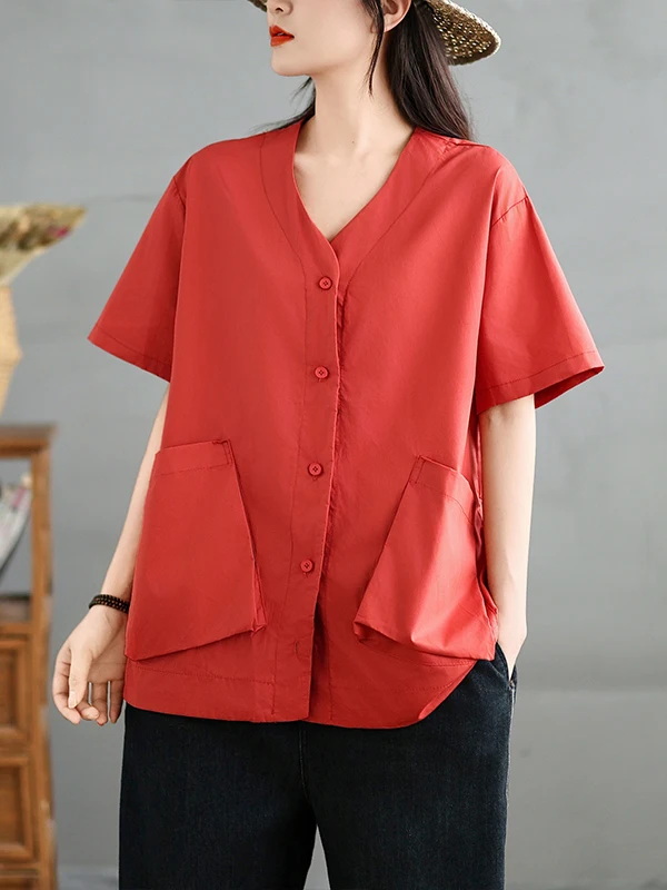 Loose Pure Color mujer irt verano Faion Big ket v-ne adelgazamiento longitud media coreano Sle Casual ropa de oficina