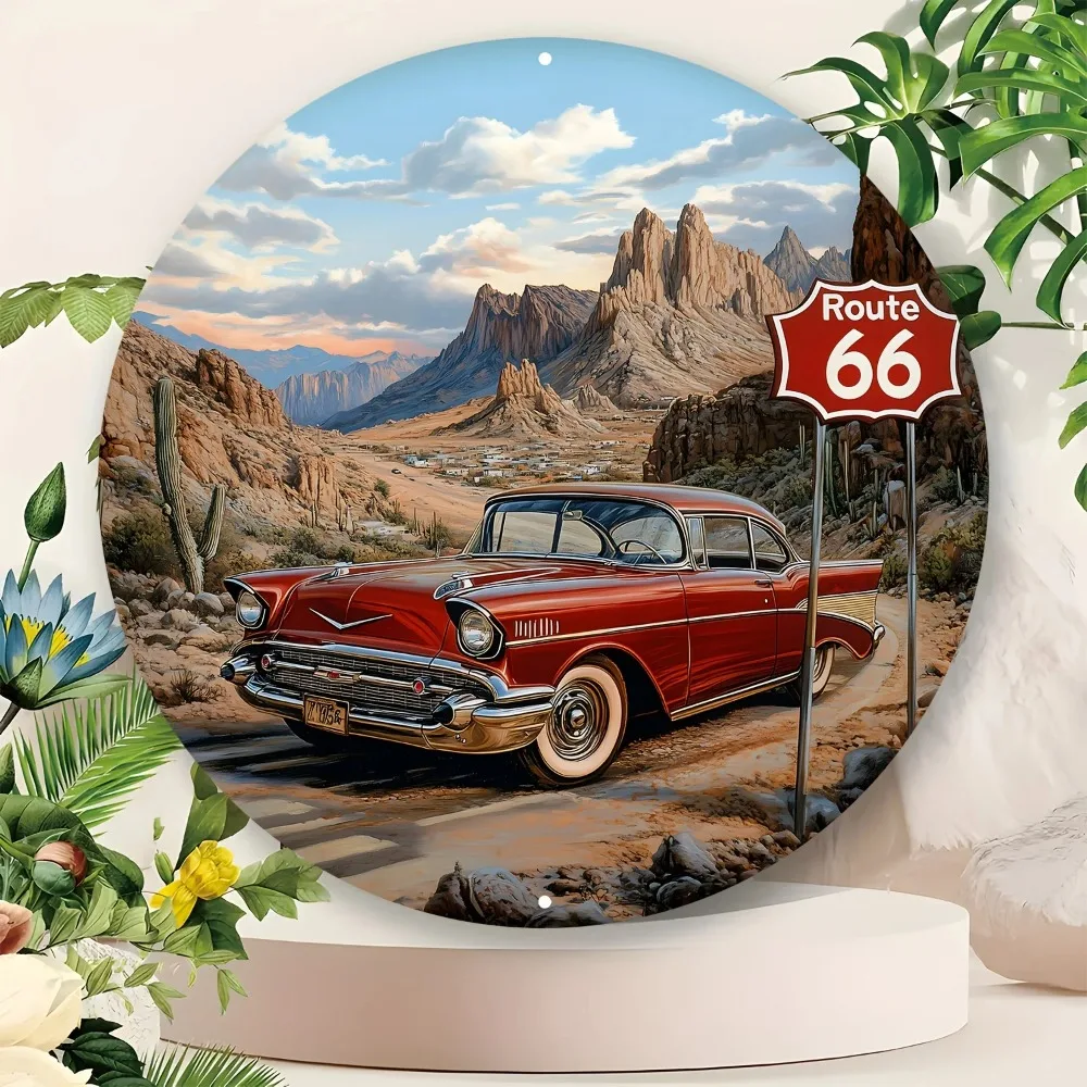 Vintage Route 66 Red Classic Car Metal Tin Sign, Retro American Road Trip Round Wall Art Decor, Classic 1950s Automobile Tin Pai