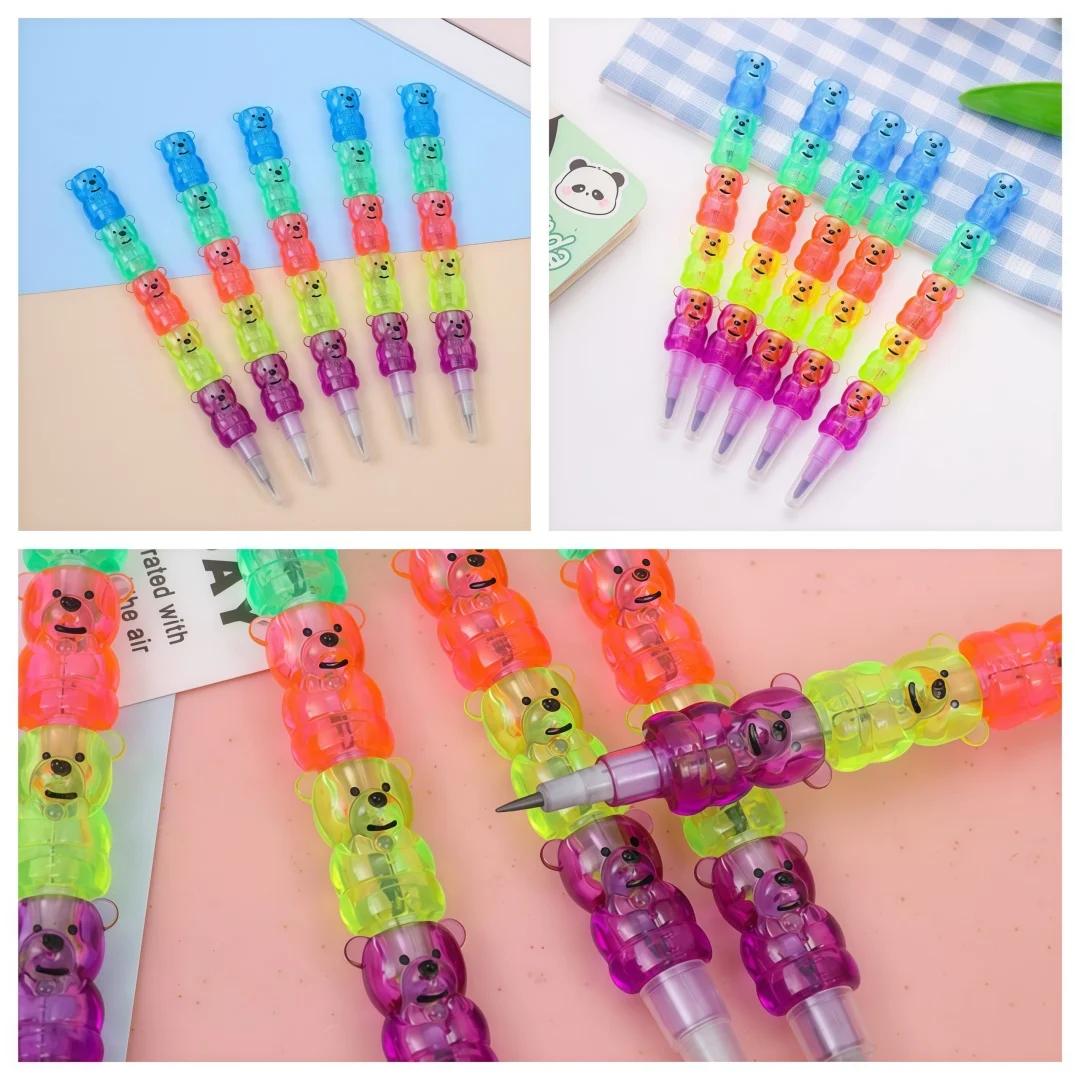 Lápiz sin afilar de 5 secciones de oso de dibujos animados, 10-30 Uds., con bolígrafo de bala de plástico desmontable, edificio de papelería creativo para oficina