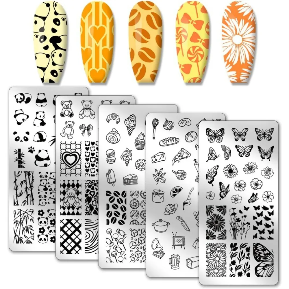 5pcs Chinese Style Nail Stamping Plates Panda Asian Motifs Nail Stamper Cute Food Desert Butterfly Nail Art Stencils making kit