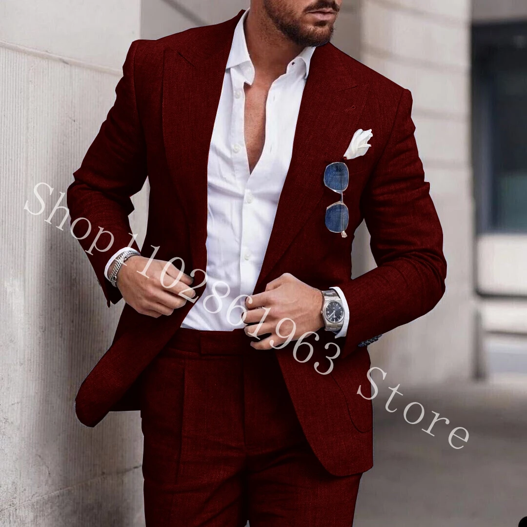 2023 White Linen Suits For Men Slim Fit Peak Lapel 2 Pieces Best Men Groom Wear Wedding Tuxedos Blazer+Pants Trajes De Hombre