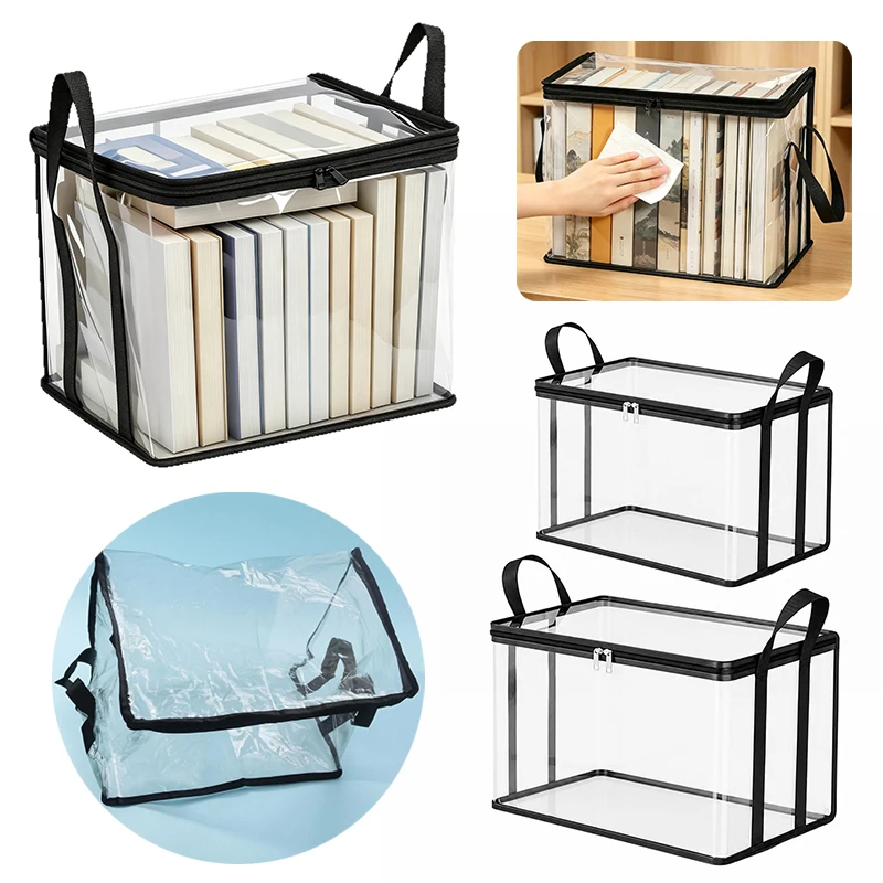 2PCS Transparent Book Case with Sturdy Handle Water-Resistant Stackable Storage for Books Paper Album Bookshelf Organization ZYF
