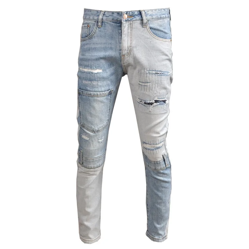 2022 Summer Jeans Men Streetwear Casual Pencil Pants Ripped Jean Light Blue Patchwork Slim Fit Denim Trousers