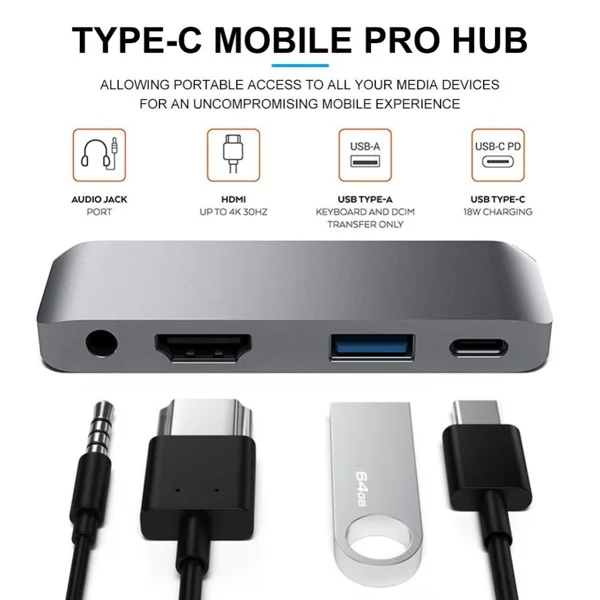 아이패드 프로용 USB C 허브 어댑터 동글, 4K HDMI USB-C PD 충전기, USB 3.0 3.5mm 헤드폰 오디오 잭 도킹, 신제품