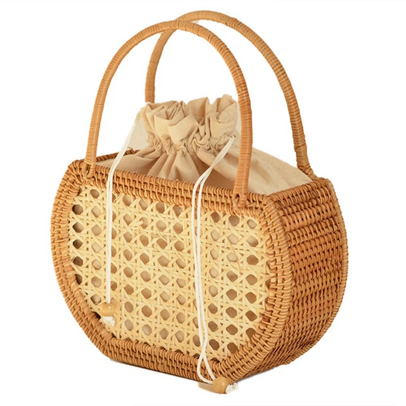 Vintage Hand Basket For Picnic Basket Travel Hand Woven Rattan Handbag Semicircular Stitching Inner Pocket