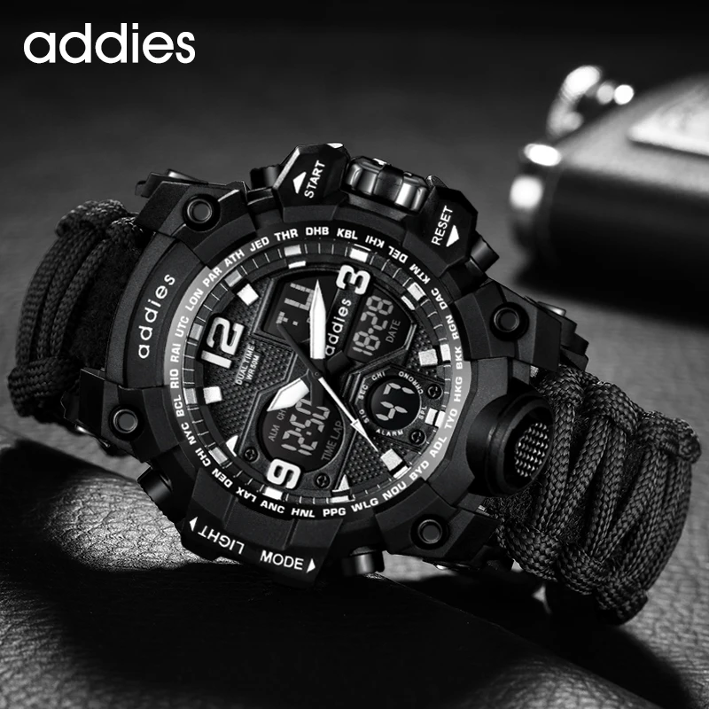 ADDIES New Outdoor Sports LED Digital Men's Watch Compass Whistles Waterproof Multifunction Quartz Army Watch Relogio Masculino