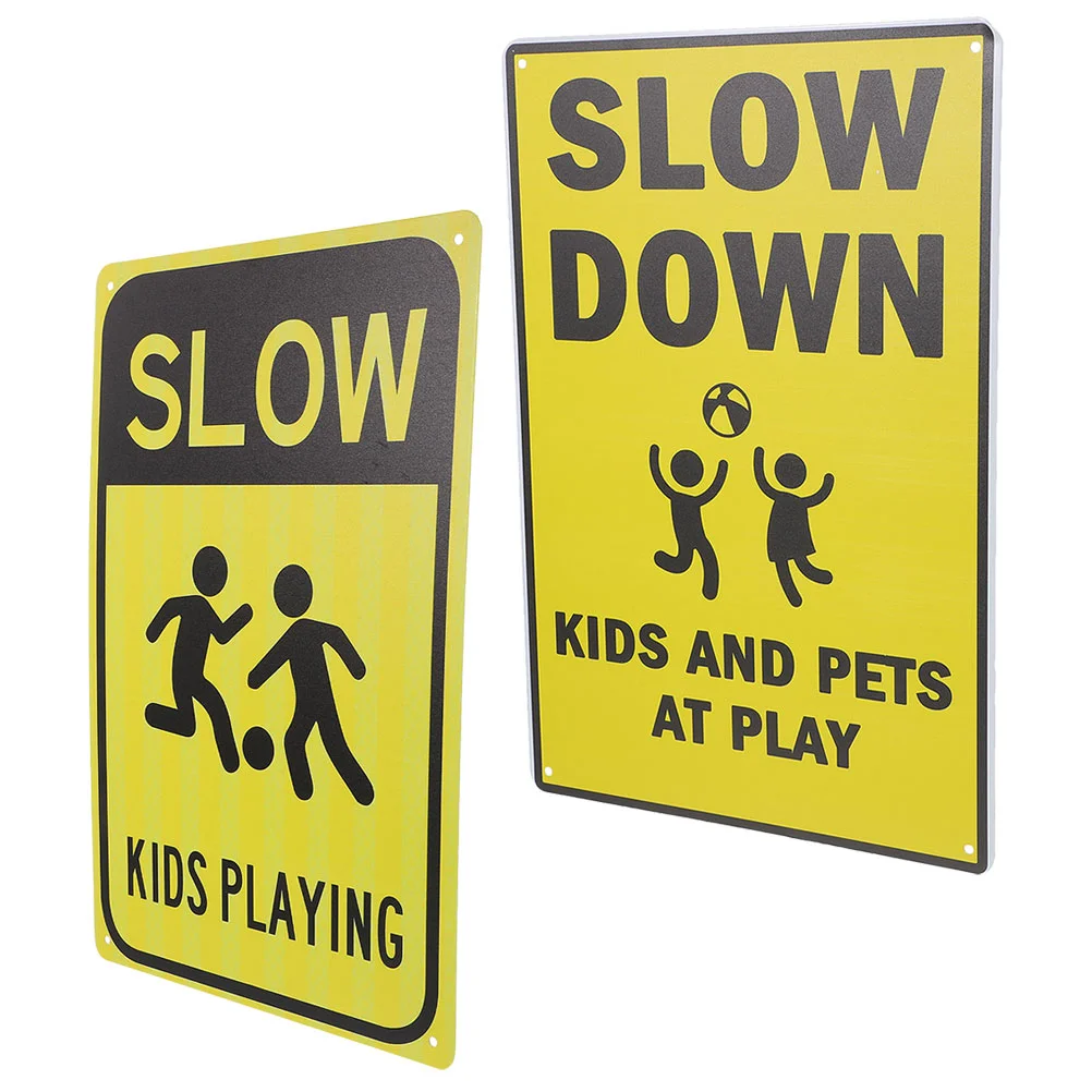 2 Pcs Safety Signs Kids Playing Attention Road Caution Signage Street for Warning Iron Traffic Child