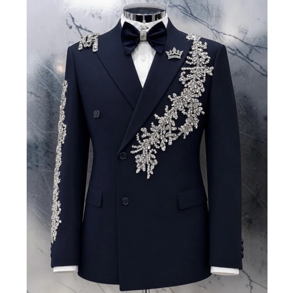 

Unique Design Beaded Stones Suits Men Slim Fit Shawl Label Jacket Pants 2 Piece Set Groom Formal Party Wedding Tuxedos Outfits