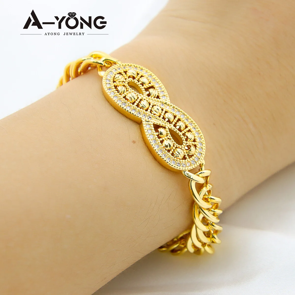 Luxury Gold Plated Beads Bracelet 21k Gold Color Turkish Cuban Infinity Bangles Dubai Saudi Women Wedding Party Jewelry