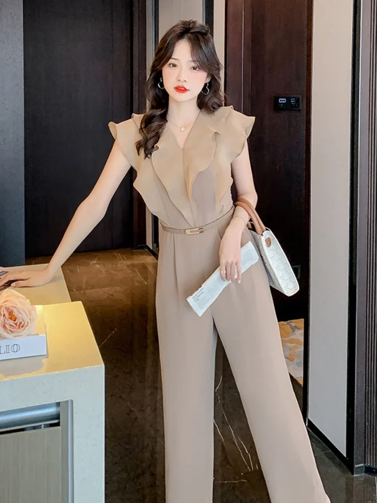 

Jumpsuit Women 2023 V-neck Flying Sleeve High Waist Solid Color Belt Clothes for Women Summer Fashion Elegance Gentle One Pieces