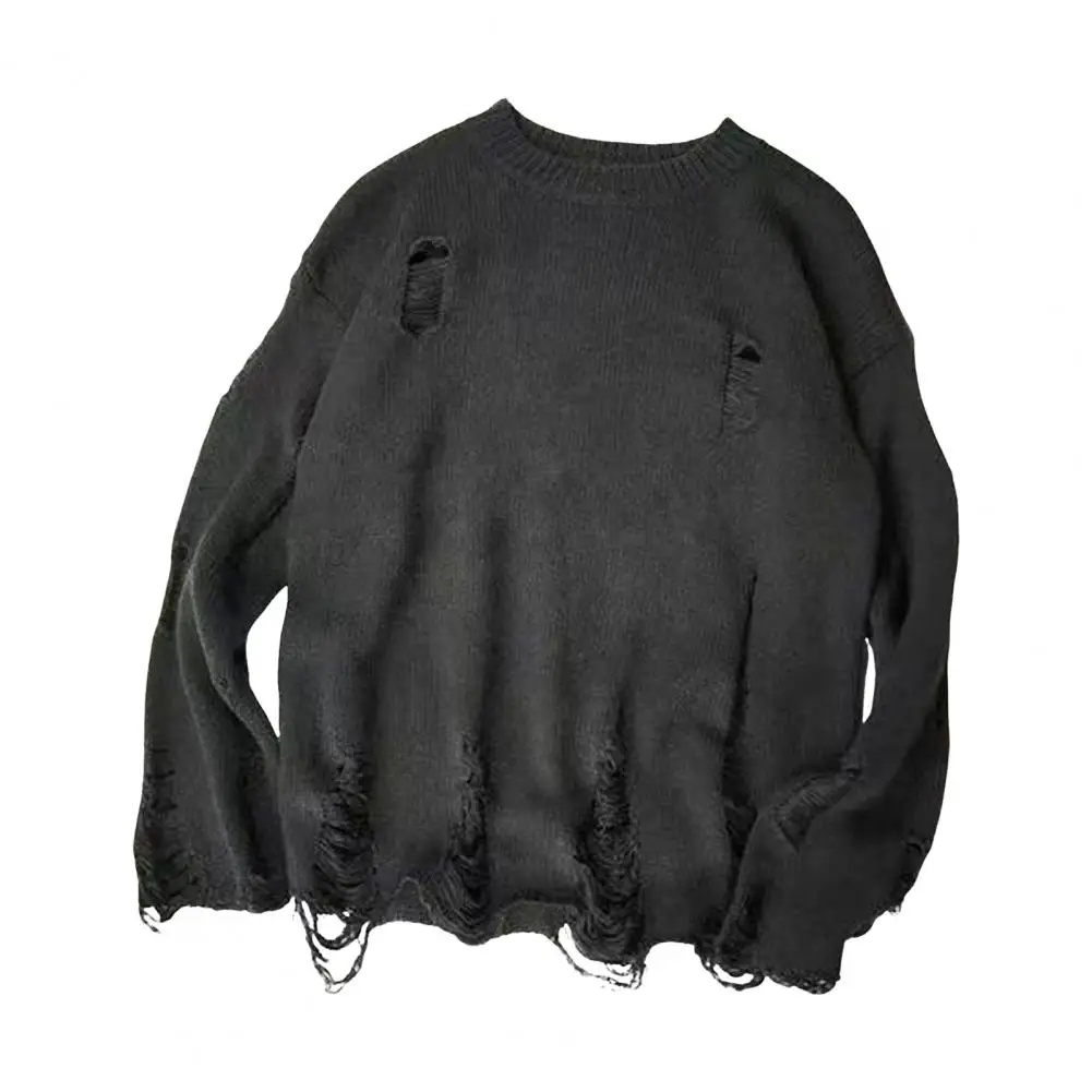 Plus Size Men Fall Winter Sweater Ripped Hole Round Neck Knitted Retro Japanese Style Mid Length Loose Pullover Men Sweater