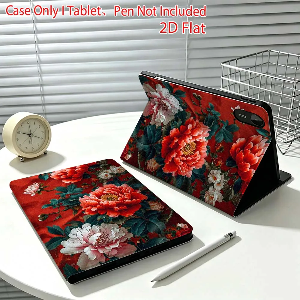 Red peony pattern For Xiaomi Poco Redmi Pad 8 2 4 C1 6 6S 7 7S SE 9.7 14 11 11.2 Inch Pen Tray Tablet Case Fashion