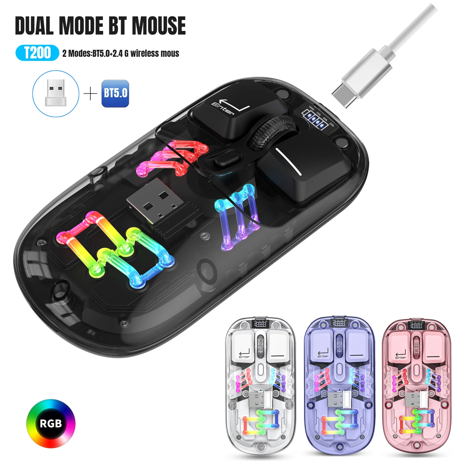 

T200 Transparent Dual-mode Wireless Mouse Built-in 400mAh Lithium RGB backlight Battery Office Mouse For PC and eed Notebook