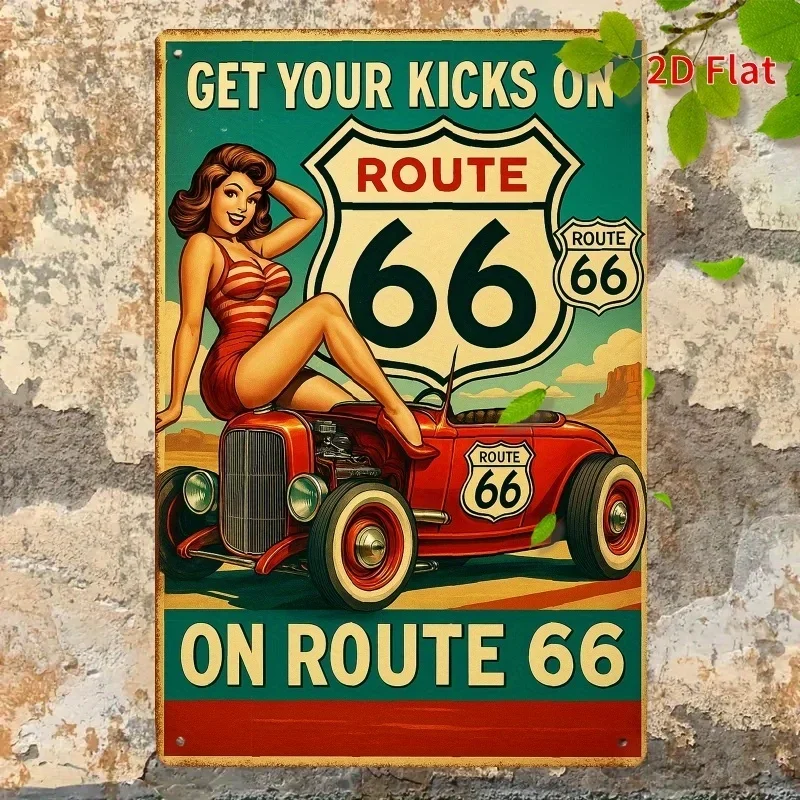 2D plane, 1 vintage 66th Highway wooden sign - Heavy woodcraft vintage wall decoration, with a red modified car