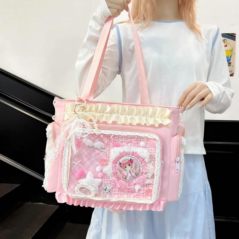 Bow Itabag Lace Itabag Knot Tote Bag Y2K Tote Bag Japanese JK Sweet Kawaii Girl Anime Transparent High Capacity Size Itabag New