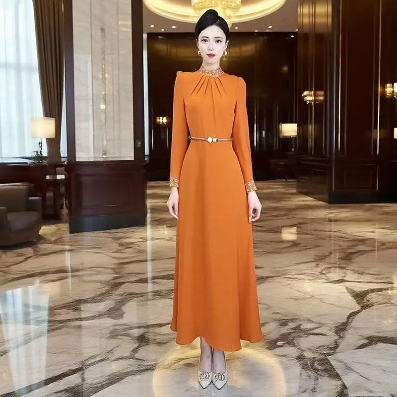 Spring Autumn New Simple Elegant Dress Women Stand Collar Long Sleeve Slim A-Line Long Dress Beautiful Office Lady Dresses