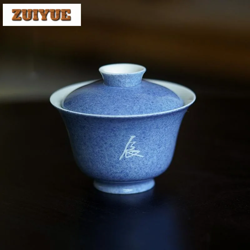 110ml Jingdezhen Blue Bowl Household Handwritten Cover Bowl Boutique Tea Tureen Elegant Gaiwan Teacup Tea Ceremony Decoration