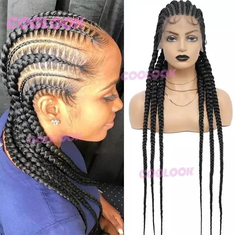 36" Synthetic Full Lace Front Wig Cornrows Braided Wigs For Black Women Knotless Box Braids Wig Lace Frontal Faux Locs Braid Wig