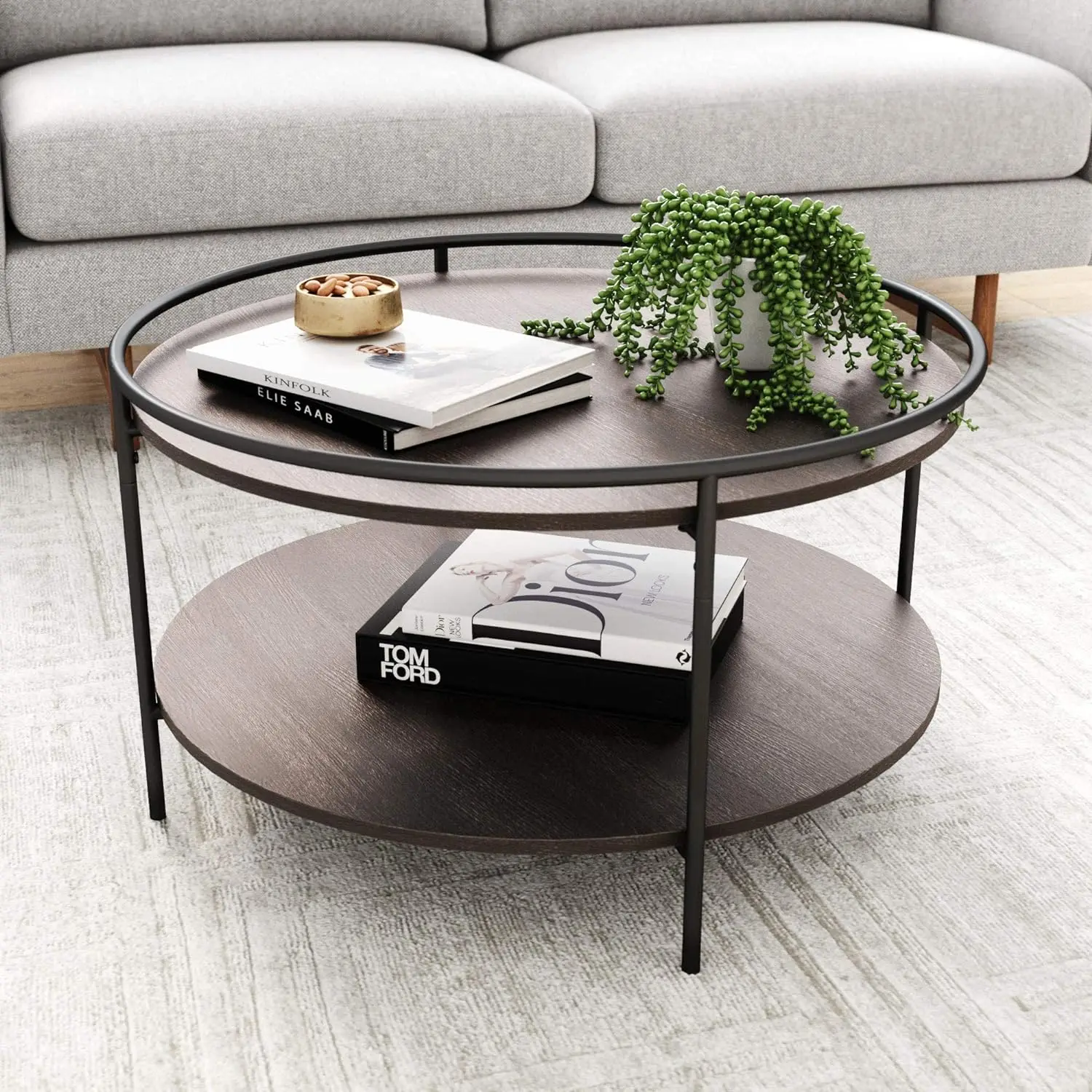 

Paloma Round Coffee Tea or Cocktail with Raised Tray Top Edge Tables, 2-Tier Minimalist Style Living Room, Dark Oak/Matte Black