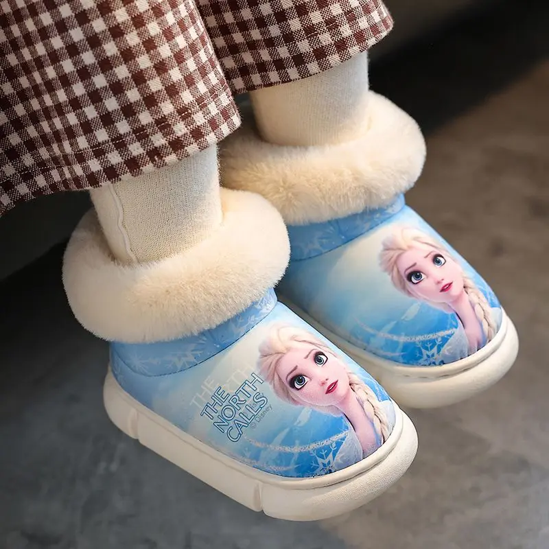 Disney Princess Elsa Winter Children\'s Cotton Slippers Girls\' Heel Wrap Warm Fur Wear Baby Blue Purple Snow Boots Size 22-35