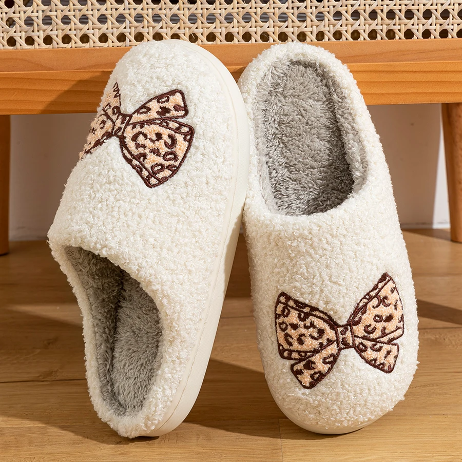 Women's Bow Slippers Warm Pattern Winter Indoor Soft Sole Home Cute Classic Embroidered Comfy casual Fuzzy Bedroom Girls Shoes image 3