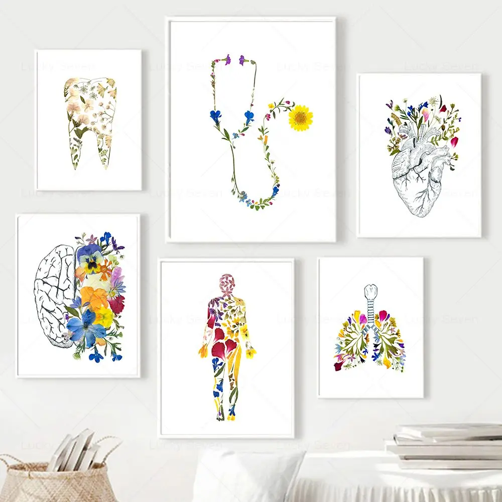 Anatomy Floral Pregnancy Heart Brain Stethoscope Wall Art Canvas Posters Pressed Flower Art Print Medical Doctor Clinic Decor