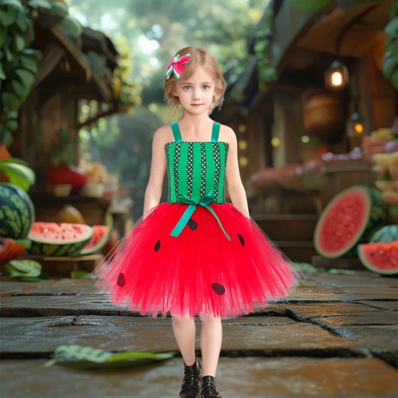 Watermelon Cosplay Tutu Dress Green Striped Bodice Red Polka‑dot Tulle Skirt, Watermelon Hair Clip for Fruit Theme Party Costume