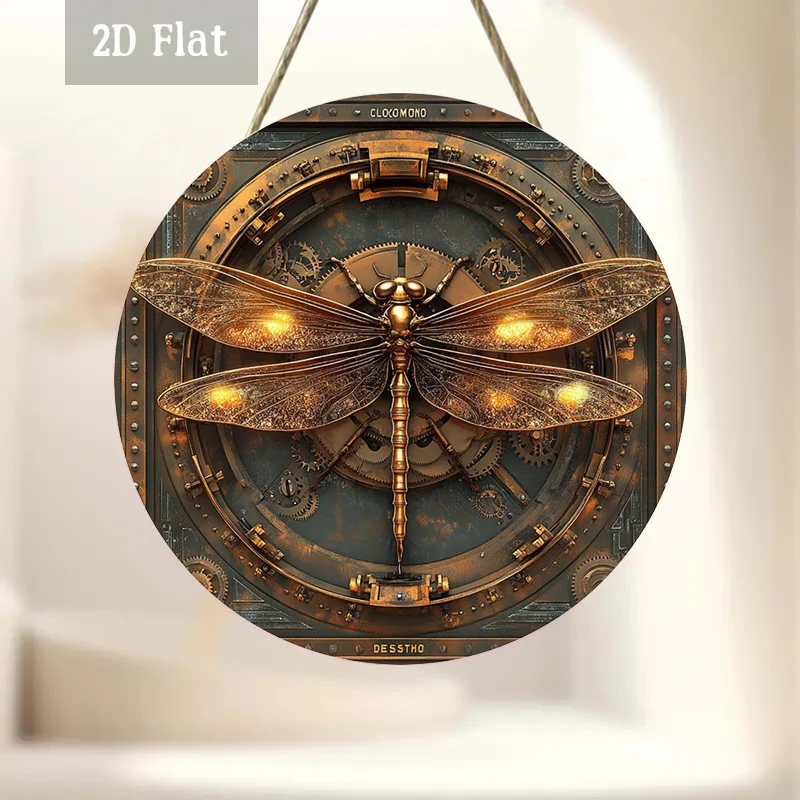2D Flat, 1pc Steampunk Dragonfly Wall Art - Vintage Mechanical Insect Panel with Finish, Round Frameless Wall-Mounted Decor Suit