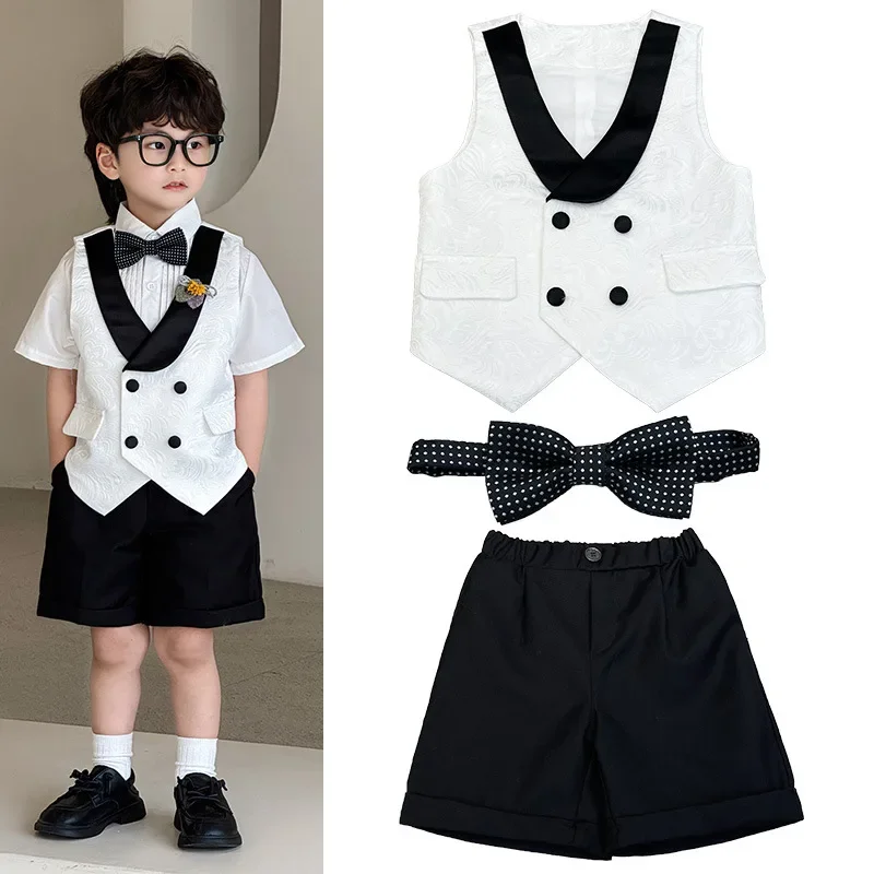 Boys Formal Tuxedo Suit Set Short Sleeve Vest Shorts Bow Tie Polka Dot Outfit for Kids Toddler Wedding Ring Bearer Pageant Party