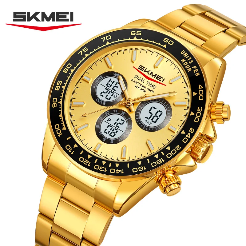 

SKMEI 2505 мужские кварцевые электронные часы с двойным дисплеем из нержавеющей стали, водонепроницаемые наручные часы для деловых элит, мужские деловые роскошные часы