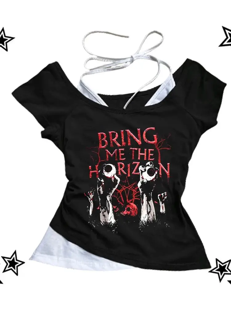 Vintage Grunge Casual Y2k Letter Gothic Dark Aesthetic Streetwear Short Sleeve T Shirts Back to 2000s Style Women Summer Tops