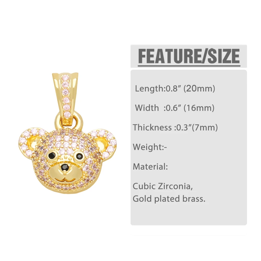 OCESRIO Multicolor Crystal Bear Head Pendant for Necklace Copper Gold Plated Cute Animal Jewelry Making Supplies pdtb188