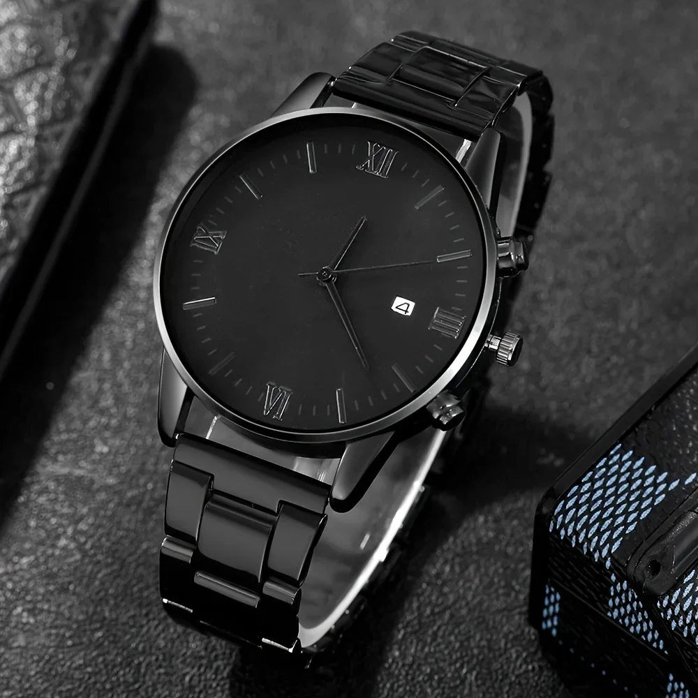 4-piece/set men's black minimalist quartz watch set with bracelet, necklace, and ring - - view 5