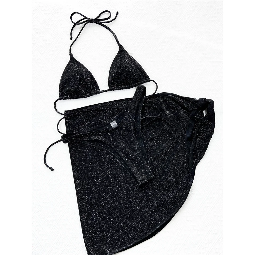 Glitzernder, funkelnder Wickel-Bikini, Damen-Badebekleidung, dreiteiliger Bikini-Set, Sarong, Badeanzug, Badebekleidung, Modell V3679 – Detail 29