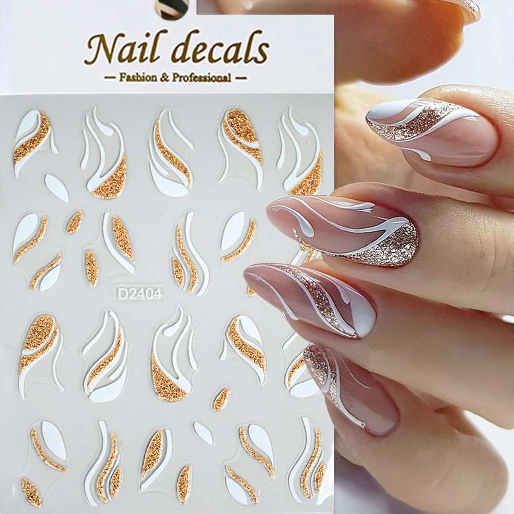 1Pc Ideas Glitter French Nails Stickers 3D Self adhesive Waves Curve White Stripes Lines Manicure Decals Silver/Gold Nails Decor