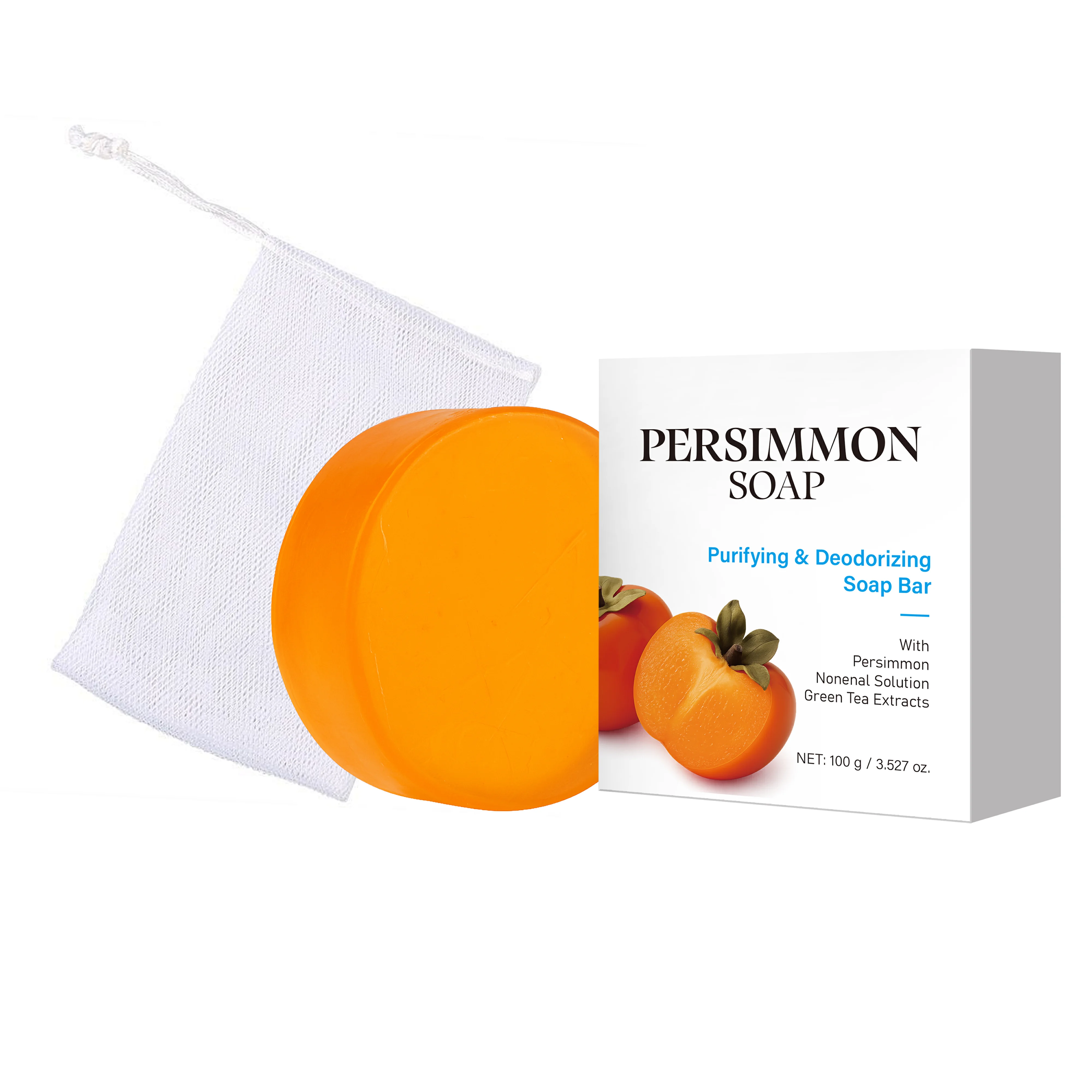 Three Solid Persimmon Deodorizing Soaps, Plus a Foaming Net Bag. These Plant-Extract Bath Soaps Leave Skin Feeling Fresh and Cle