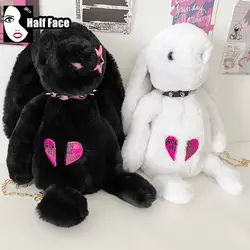 Y2K Girls Harajuku Women Gothic Handbags High Street Punk Two Shoulder Love Decoration Plush Rabbit Backpack Crossbody Bags Tote
