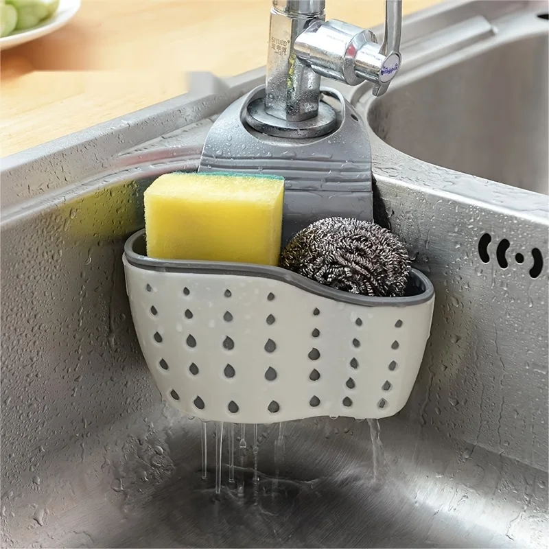 Adjustable Kitchen Sink Sponge Holder with Hanging Drain Basket - 1pc Kitchen Organizer Gadgets