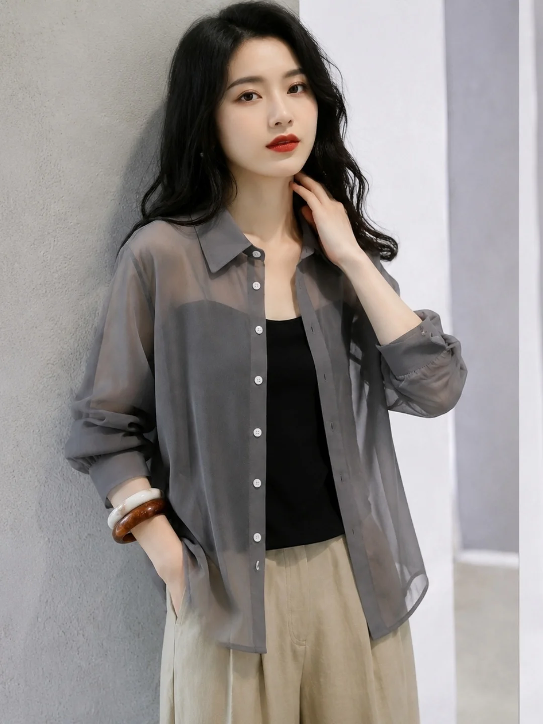 Elegant Korean Style Long Sleeve  Neck Shirt Single Button Casual Sun Protection Top for Women Straight Cut Commute Wear