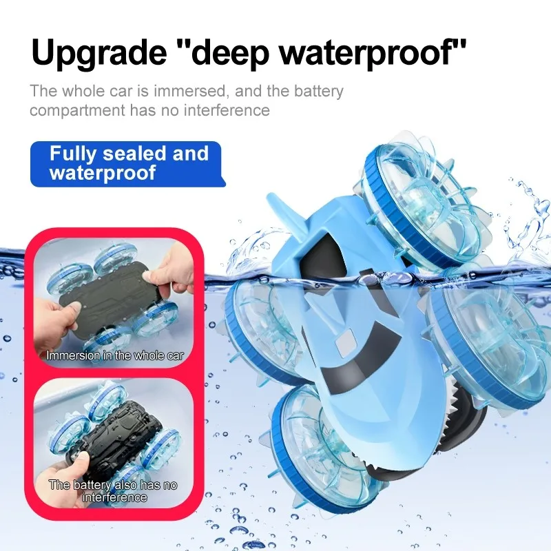 Carro dublê anfíbio atualizado com água e terra de tubarão à prova d'água com controle remoto duplo e luzes LED