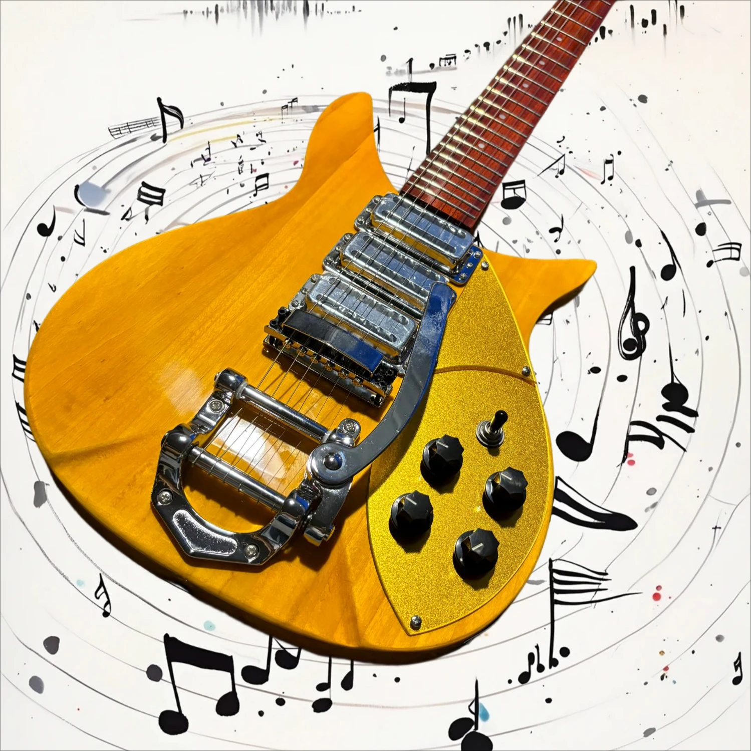 Free Shipping 325 Electric Guitar Bright Yellow 6 String Triple Pickups Tremolo 4 Knobs Rock Stage Performance Gift