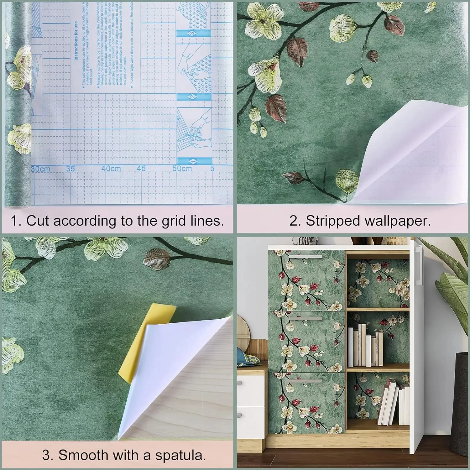 Papéis de parede florais impermeáveis auto-adesivos, peel e bastão verde vintage, estilo retro europeu, renovação da sala e quarto, 10m