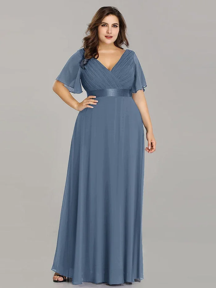 Ever Pretty Elegant Party Dresses For Women 2024,  Women Long A-Line Double V-Neck Ruffles Gown Of Chiffon Plus Size Evening Dre