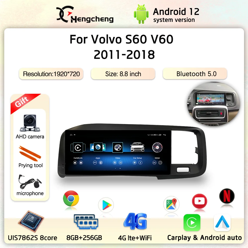 

8,8 дюймовый Android 12 для Volvo S60 V60 2011-2107 2018 автомобильное радио, мультимедийный видеоплеер, GPS-навигация Carplay Auto 4G 360 камера