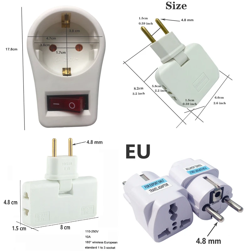 2 USB EU Socket With ON/OFF Switch 16A 250V 4.8mm 2 Pin European Standard Expansion Socket Power RUS Extension Plug For Home
