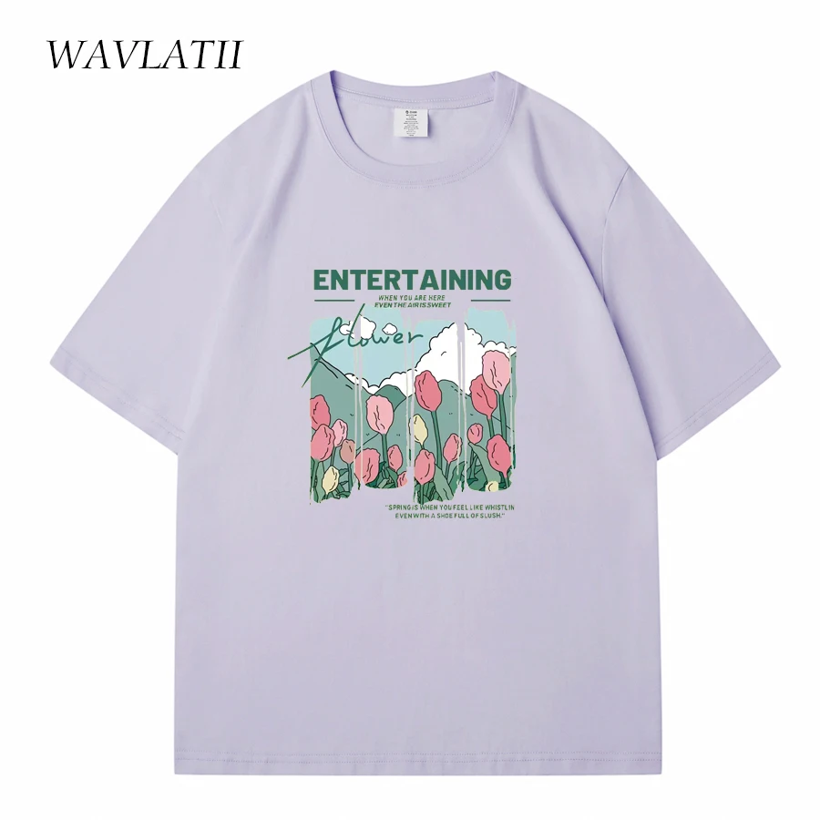 WAVLATII 女性新コミック花プリント Tシャツ女性ベージュストリート夏 Tシャツレディカジュアル半袖トップス WT2329